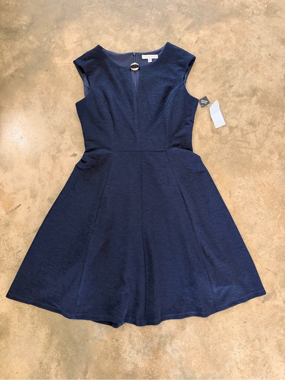Sandra Darren Navy Fit & Flare Midi Dress Textured NWT Size 8 Elegant Dress